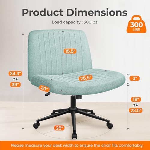 NEO CHAIR Criss Cross Chair with Wheels Armless Cross Legged Office Desk Wide Comfy Vanity Makeup Chair Adjustable Swivel Rolling Computer for Home Office Fabric (Mint)