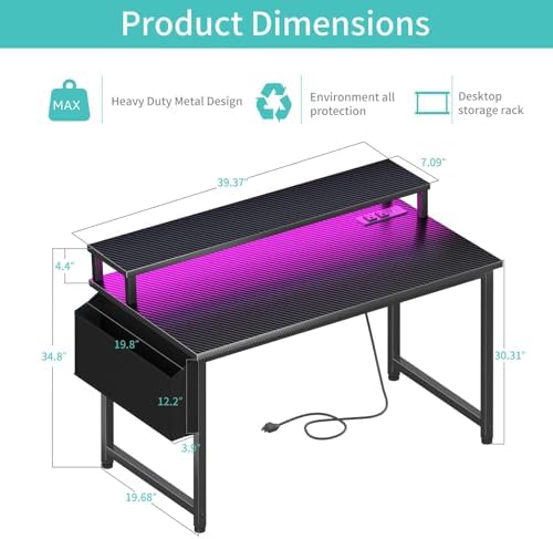 Lufeiya Gaming Desk with Power Outlets and LED Lights, 40 Inch Gamer Desk Table with Charging Station, Home Office Computer Desks with Monitor, Black