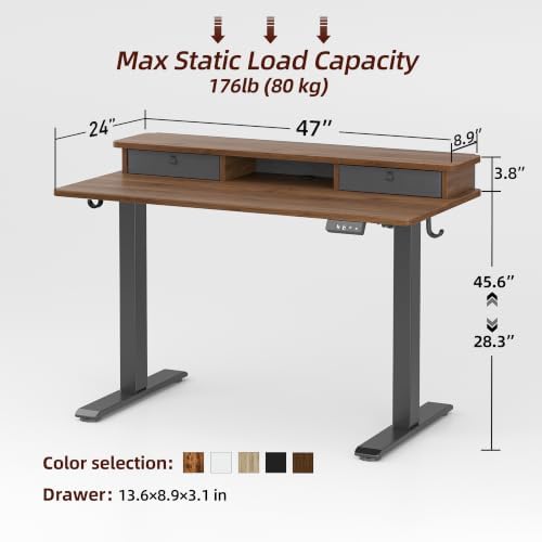 TIQLAB 48 * 24 inch Standing Desk with Two Drawers&Top Shelf, Black Walnut