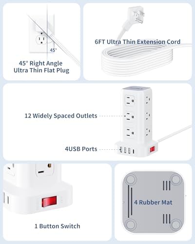 Extension Cord with Multiple Outlets, SMALLRT Flat Plug Power Strip Tower with USB 12 AC Outlets, 6.5FT Ultra Thin Extension Cord Outlet Extender for Home Office, Overload Protection