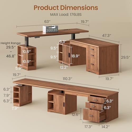SEDETA Fluted L Shaped Electric Standing Desk, 63" x 67" Height Adjustable Home Office Executive Desk with Drawers and Shelves, Two Person Desk with Power Outlet for Home Office, Brown