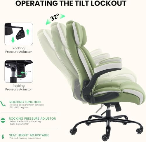 500lbs Big and Tall Office Chair Adjustable Lumbar Support for Back Pain, Extra Wide Seat Executive Office Chair Thick Armrest Pad, Heavy Duty Base&Upgraded Wheels, Ergonomic Desk Chair (Green)