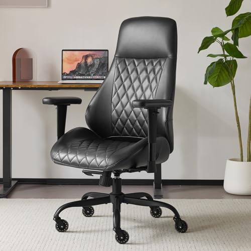 YFO Home Office Desk Chair High Back Office Rubber Chair Casters Ergonomic Computer Chair with Lumbar Support Adjustable Height Rolling Swivel Chair Executive Task Armrests, Black PU
