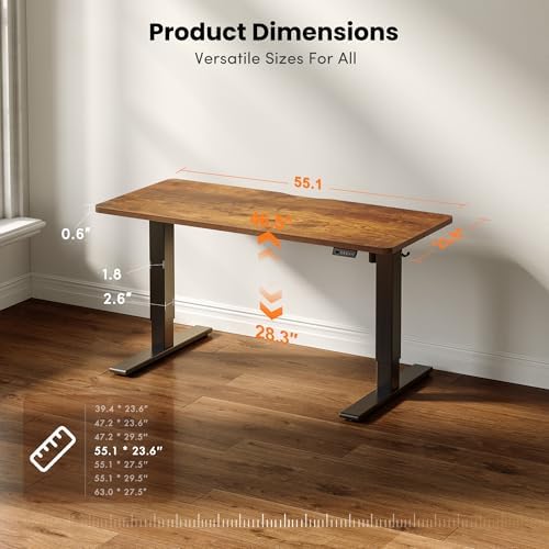 CubiCubi Electric Standing Desk 55 x 24 Inch, Height Adjustable Sit Stand Desk with Memory Presets, Splice Desktop Computer Desk for Home Office, Black Frame/Vintage Brown Top
