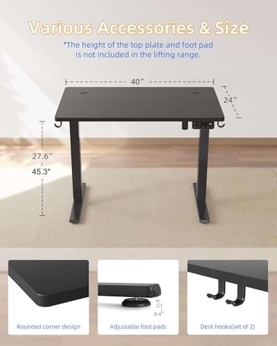 YIHAYO Electric Standing Desk, 40 x 24 Inches Stand Up Desk with Splice Board, Adjustable Height Desk, Computer Desk for Home Office, Black Frame/Black Top