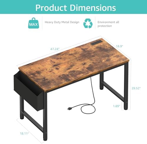Lufeiya Computer Desk with Power Outlet, 47 inch Teen Study Table Home Office Work Writing Gaming Desks with Charging Station Outlets Built in, Brown