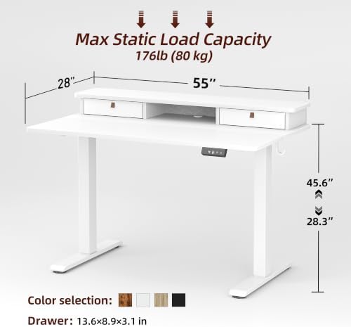 TIQLAB 55 * 28 inch Standing Desk with Two Drawers&Top Shelf, White