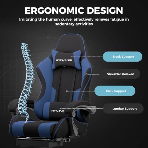 GTPLAYER Gaming Chair, Computer Chair with Footrest and Lumbar Support, Height Adjustable Game Chair with 360°-Swivel Seat and Headrest and for Office or Gaming (Blue, Fabric)