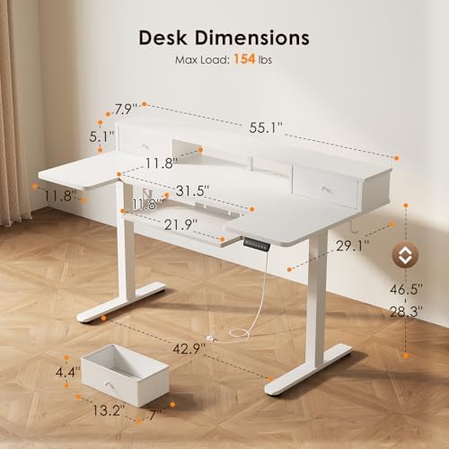 OffiGo 55 Inch U Shape Standing Desk with Keyboard Tray & Drawers, White