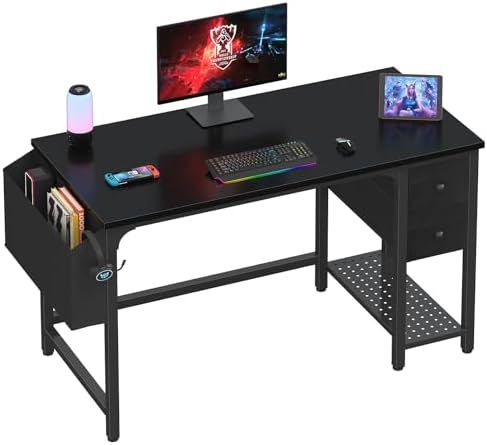 Lufeiya Gaming Desk with Fabric Drawers, 47 Inch Computer Desk for Home Office, Modern Simple Study Writing Table PC Desks for Bedroom, Black