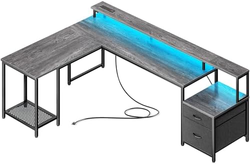 PRAISUN 66" L Shaped Gaming Desk with LED Lights & Power Outlets