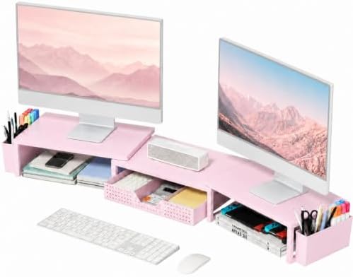 OPNICE Desk Organizers and Accessories, Dual Monitor Stand Riser with Drawer and 2 Pen Holders, Desk Shelf Computer Racks for Office Workspace Organizers, Desktop Organization (Peach-Pink)