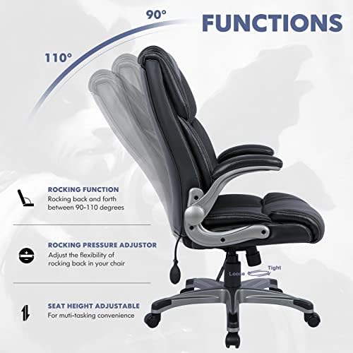 COLAMY High Back Executive Office Chair - Padded Leather Ergonomic Computer Desk Chair with Inflatable Lumbar Support & Flip-Up Arms, Adjustable Tilt Lock Swivel Task Chair for Home Office, Black