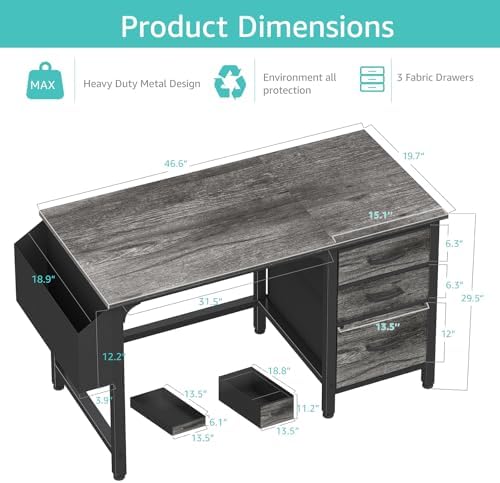Lufeiya Computer Desk with File Drawers Cabinet, 47 Inch Home Office Desks with Filing Cabinet for Small Space, Gaming Study Writing Table PC Desks, Gray