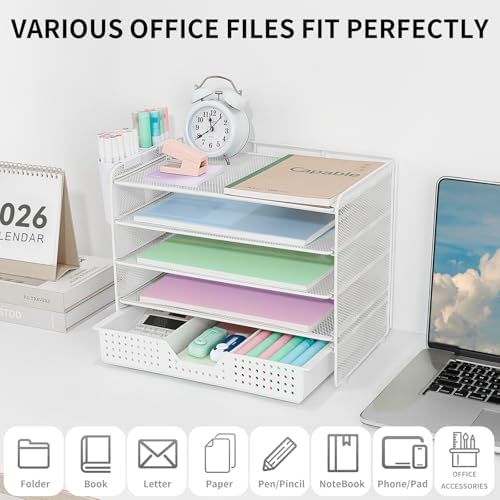 LEKETREE Desk Organizer and Accessories, 5-Tier Paper Letter Tray Organizer with Drawer & 2 Pen Holders for Desktop File Organization, Office Desk Accessories for Supplies Storage (White)
