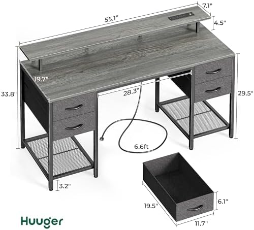 Huuger 55 inch Computer Desk with Power Outlets & 4 Drawers