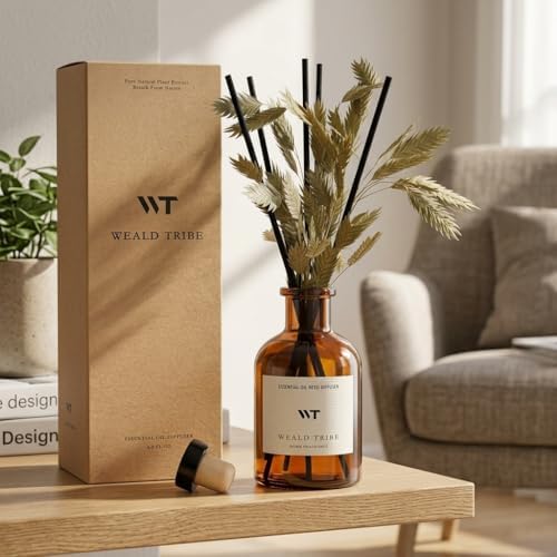 WEALD TRIBE Bamboo Scent Flower Reed Diffuser Set for Bathroom Air Fresheners, Oil Diffuser Sticks | 4.0 fl oz Home Fragrance with Sticks Defusers | House Bedroom Office Shelf Decor