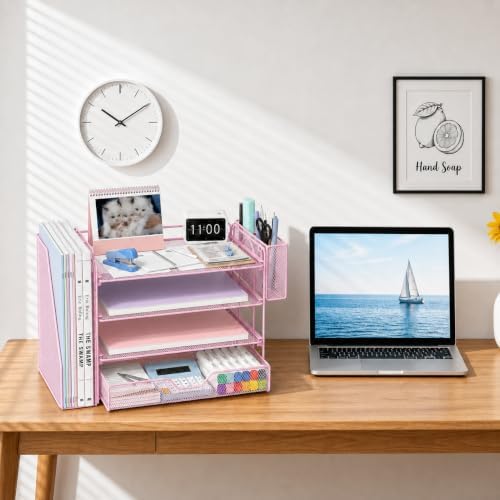 OPNICE Desk Organizers and Accessories, 4-Tier Desktop File Organizer with Drawer and Pen Holders, Office Desk Accessories Workspace Organizers for Office Supplies (Soft Pink)