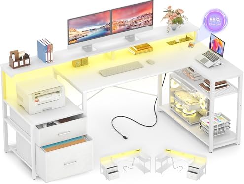Aheaplus L Shaped Desk with File Drawer, Reversible L Shaped Gaming Desk