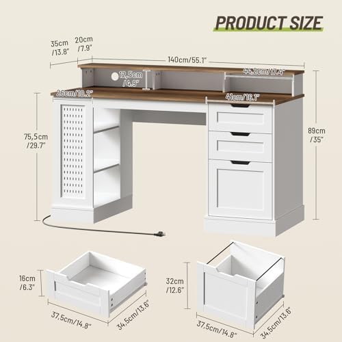 55-inch Farmhouse Executive Desk with 2 Drawers and File Cabinet, Computer Desk with 3-Tier Storage Shelves, Home Office Desk with Charging Station, Pegboard & Monitor Shelf, White and Walnut