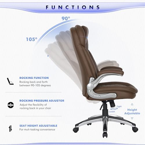 COLAMY Executive Office Chair-Ergonomic Computer Desk Chair, High Back Leather Chair with Padded Flip-up Arms, Swivel Home Office Chair Upgraded Caster, Brown