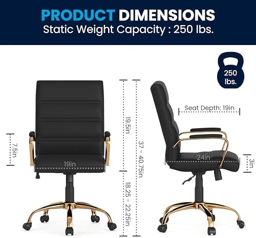 Flash Furniture Mid-Back Black LeatherSoft Executive Swivel Office Chair with Gold Frame and Arms