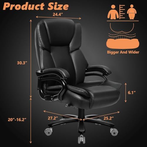 Indulgear Big and Tall Office Chair with Gel Seat Cushion,Heavy Duty Office Chair for Heavy People, High Back Executive Computer Chair with Adjustable Lumbar Support, Dual Rubber Wheel