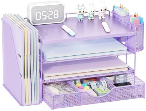 gianotter Wood Desk Organizers and Accessories with File Holder, 4-Tier Desk Accessories & Workspace Organizers with Drawer and 2 Pen Holder, Desk Reference Organizer (Purple, 4T with Metal Drawer)