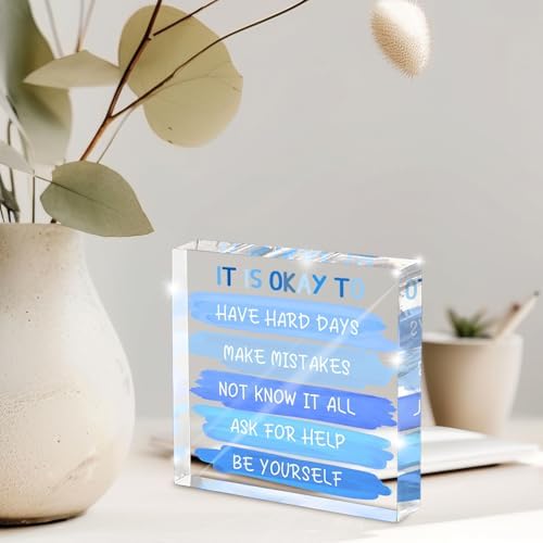 Mental Health “It Is Okay To...” Desk Sign - 4x4 Inch Blue Acrylic Affirmation Decor for Women, Therapy Office Decor, Self-Compassion Gifts, Anxiety Relief & Positive Workspace Accessories