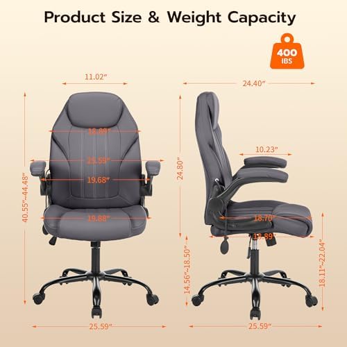 Ylzyxal Office Desk Chair, Ergonomic Computer Chair with Padded Flip-Up Arms and Adjustable Lumbar Support, PU Leather Executive Chair with Tilt Lock and 360° Swivel Rolling Wheels for Work, Study