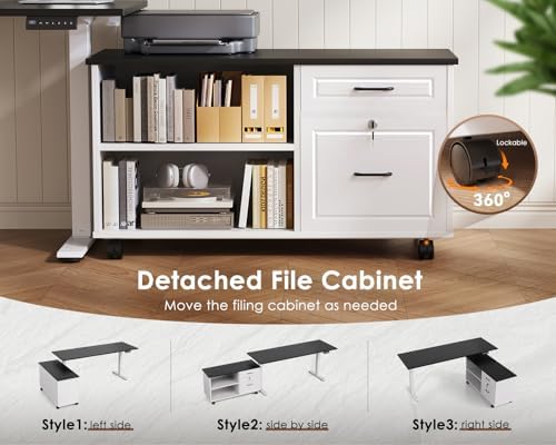 OffiGo 55" L Shaped Electric Standing Desk with Cabinet Sets, Black/White