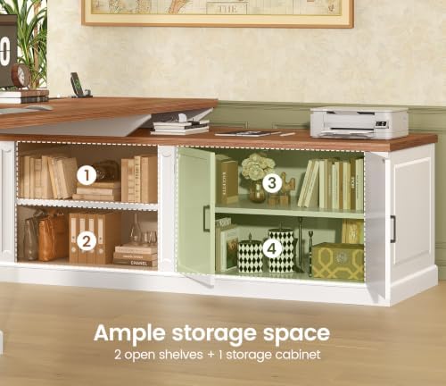 SEDETA Farmhouse L Shaped Desk with Drawers, 70.9" Home Office Desk with Storage Cabinet and Storage Shelves, L Shaped Computer Desk with Power Outlet，White+Brown
