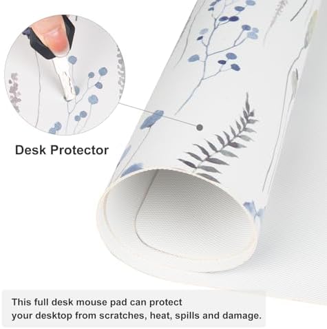 QiyI PU Leather Large Mouse Pad, Office Decor, 31.5" x 15.7", Blue Flowers