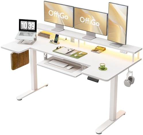OffiGo 63 Inch U Shaped Electric Standing Desk with Keyboard Tray, White
