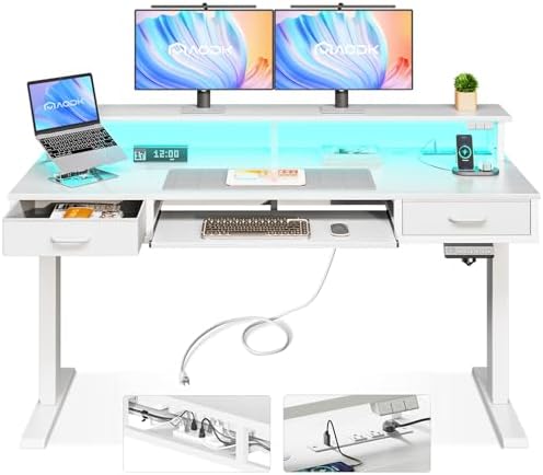 AODK 55 Inch Electric Standing Desk with Drawers & Keyboard Tray, White