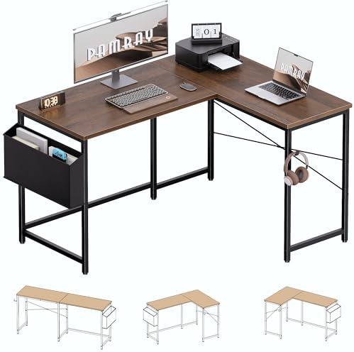 Pamray 47 Inch Reversible L Shaped Gaming Desk Corner Computer Desk with Storage Bag Home Office Table for Writing Study Brown