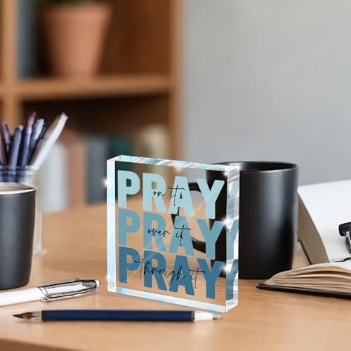 Religious Gifts for Women - Pray on it Pray over it Pray through it Acrylic Sign Decorative for Home Office Pastor Farmhouse Living Room Church Table Desk Bookshelf Decoration (Blue)