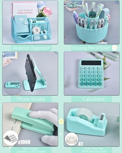 LXEVIHK Green and Blue Desk Accessories 21-Piece Office Supplies Gift Set