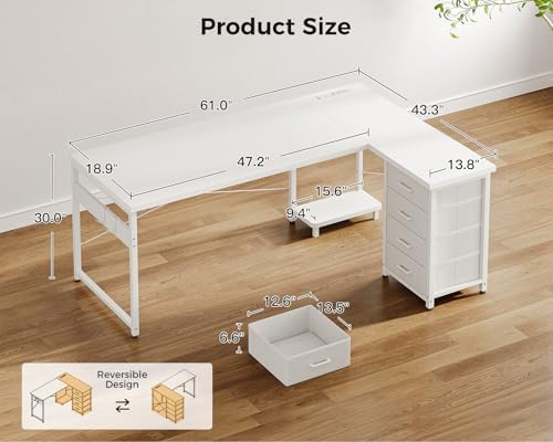 AODK 61" L Shaped Gaming Desk with 4 Drawers and Power Outlets, White