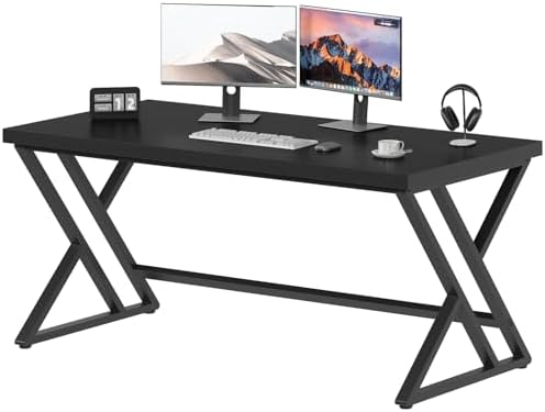 LVB 55 Inch Black Modern Computer Office Desk Metal & Wood Writing Desks