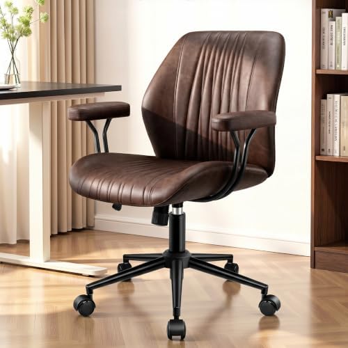 Leather Office Chair with Removable Armrests, Mid Back Ergonomic Desk Chair with Lumbar Support, Adjustable Height Rocking Swivel Executive Chair for Home Office,Reddish Brown