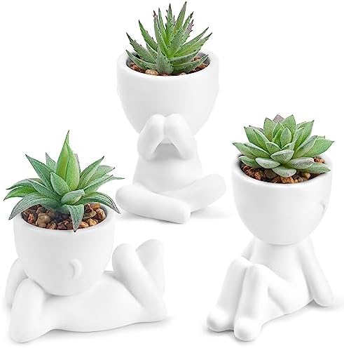 Der Rose 3 Pack Fake Succulents in White Human-Shaped Pots for Desk Decor