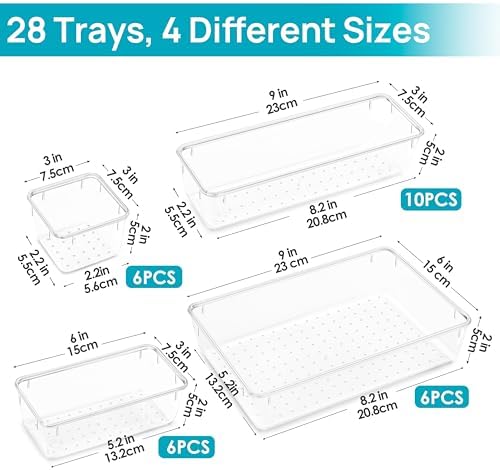 Vtopmart 28 Pack Clear Drawer Organizer Bins, 4 Sizes Storage Trays