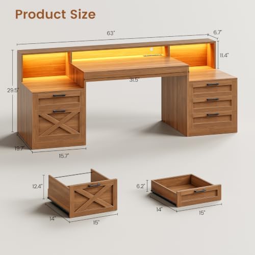 SEDETA 63" Farmhouse Computer Desk with 5 Drawers, Brown