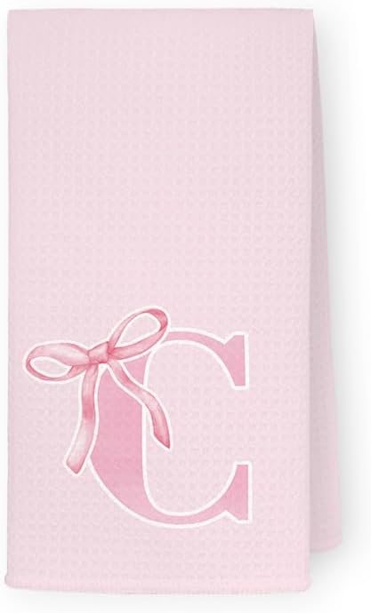 Monogrammed Initial C Hand Towels for Bathroom, Personalized Gifts for Women Girls Birthday Christmas, Coquette Preppy Pink Bows Waffle Kitchen Dish Tea Towels with Initial, 16x24 Inch