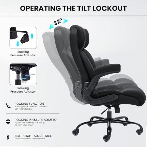 500lbs Big and Tall Office Chair Adjustable Lumbar Support for Back Pain, Extra Wide Seat Executive Office Chair Thick Armrest Pad, Heavy Duty Base&Upgraded Wheels, Ergonomic Desk Chair
