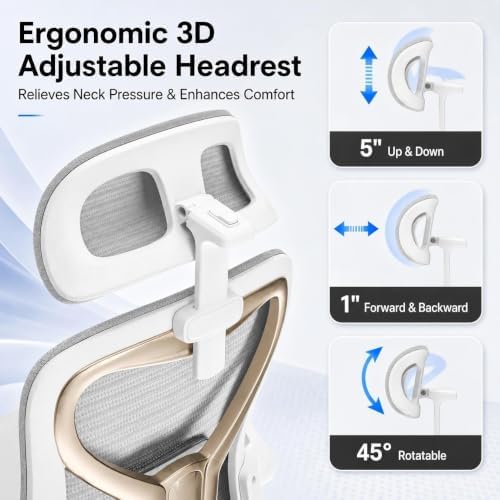 Home Office Desk Chairs, Ergonomic Office Chair with Lumbar Support & 3D Headrest, Computer Desk Chair with Flip-up Armrests, Perfect for Office or Study, Gray/Gold