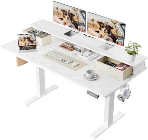 Veken 55x26 in Electric Standing Desk with Drawers, Adjustable Table, White