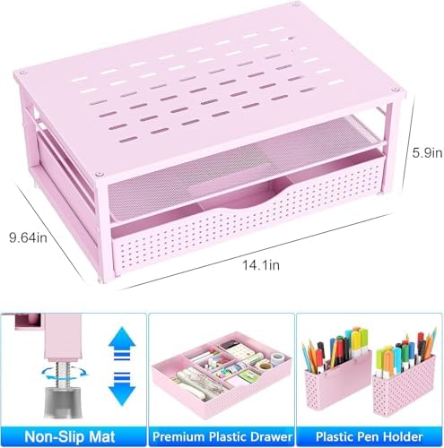 gianotter Desk Organizers and Accessories, Monitor Stand with Drawer and 2 Pen Holder, Desktop Organizer Suitable for Offices and Dormitories (Pink)