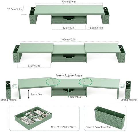 Spacrea Metal Desk Organizers and Accessories, Dual Monitor Stand Riser with Drawer and 2 Pen Holders, Book Racks, Desk Accessories & Workspace Desktop Organizers for Office Supplies (Sage Green)